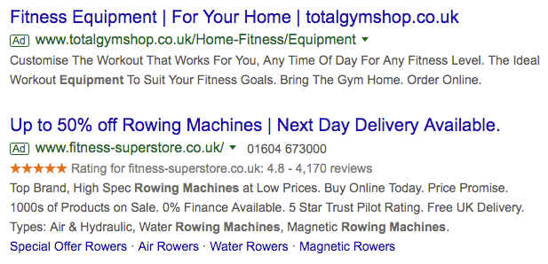 2 Google Ads, the one on the bottom has 5 orange stars