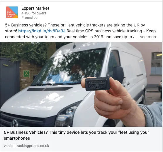 Screenshot of LinkedIn Promoted in-feed for tracking your fleet